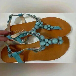 Henry Ferrera Aqua Beaded & Diamond Queen Sandals (Size 8)